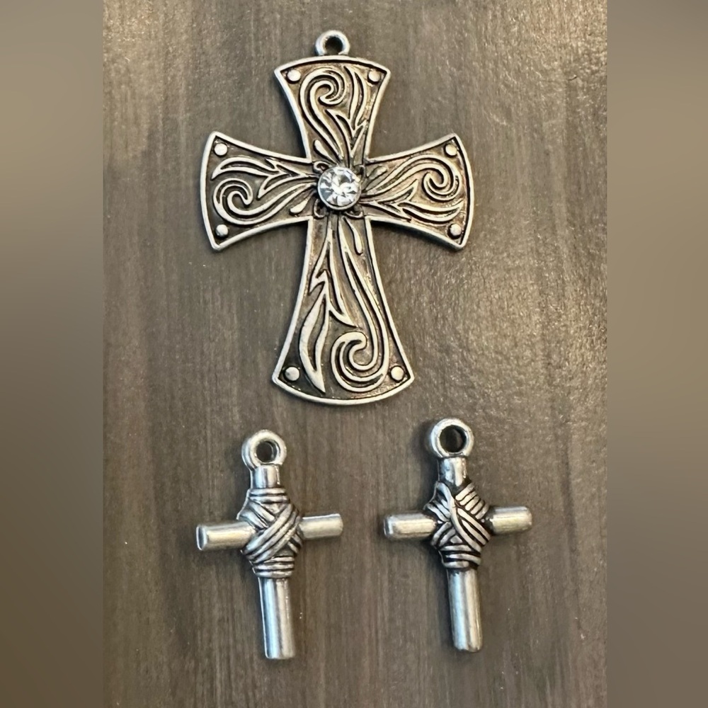 Celtic medieval cross w rhinestone & 2 silver-rope center cross pendants vintage